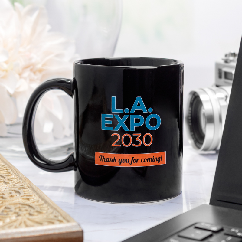 Custom Black Mug with Text "LA EXPO 2030, Thank You for Coming"