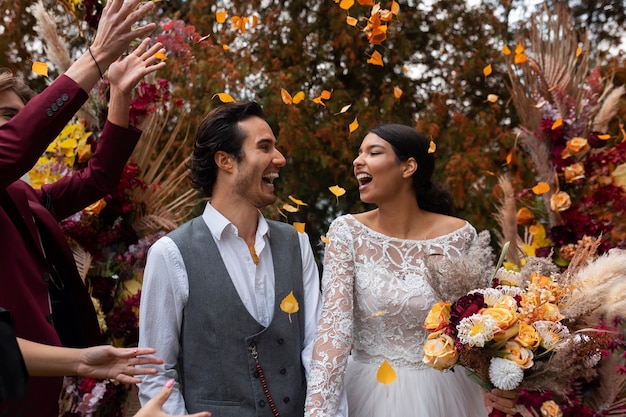 Happy couple after wedding ceremony