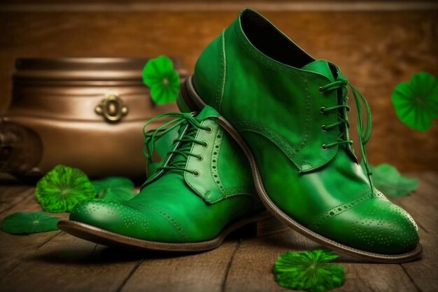 Photo a pair of shoes with a pot of clover on the side.